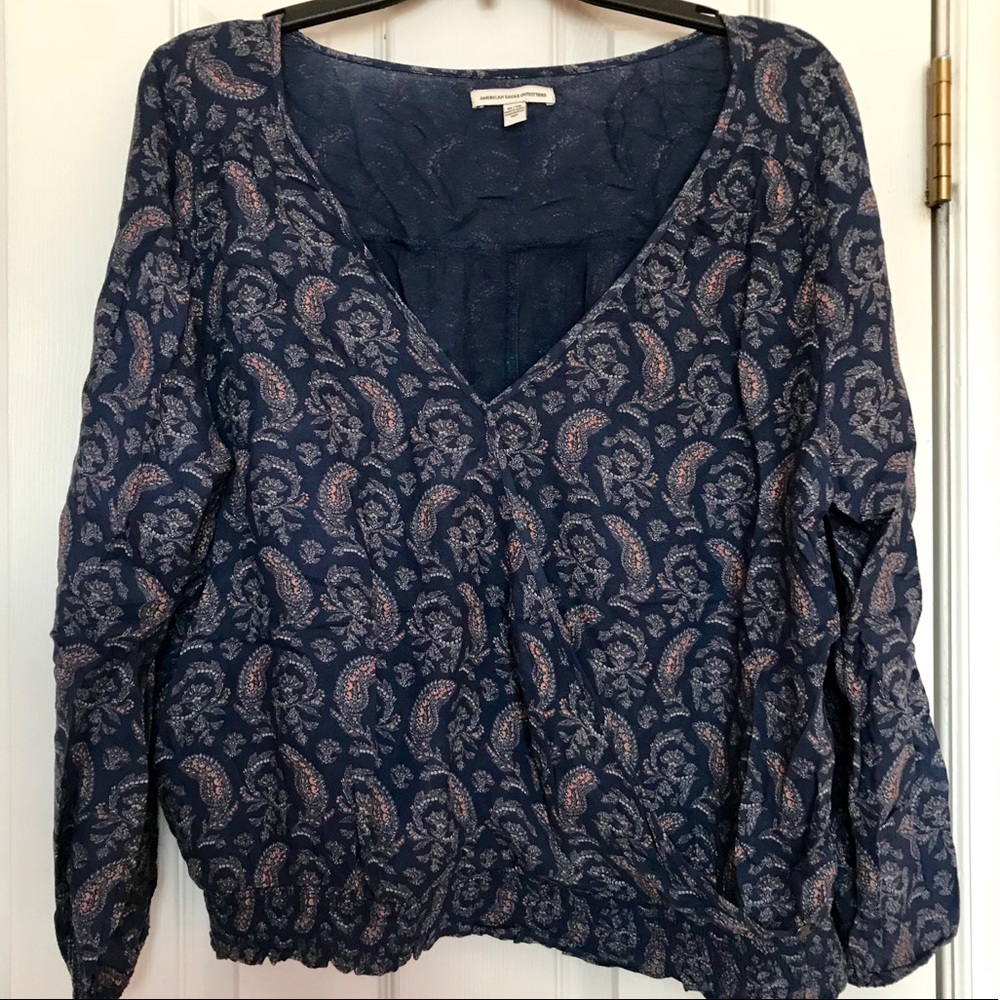 AEO Dark Blue Paisley V-Neck Long Sleeve